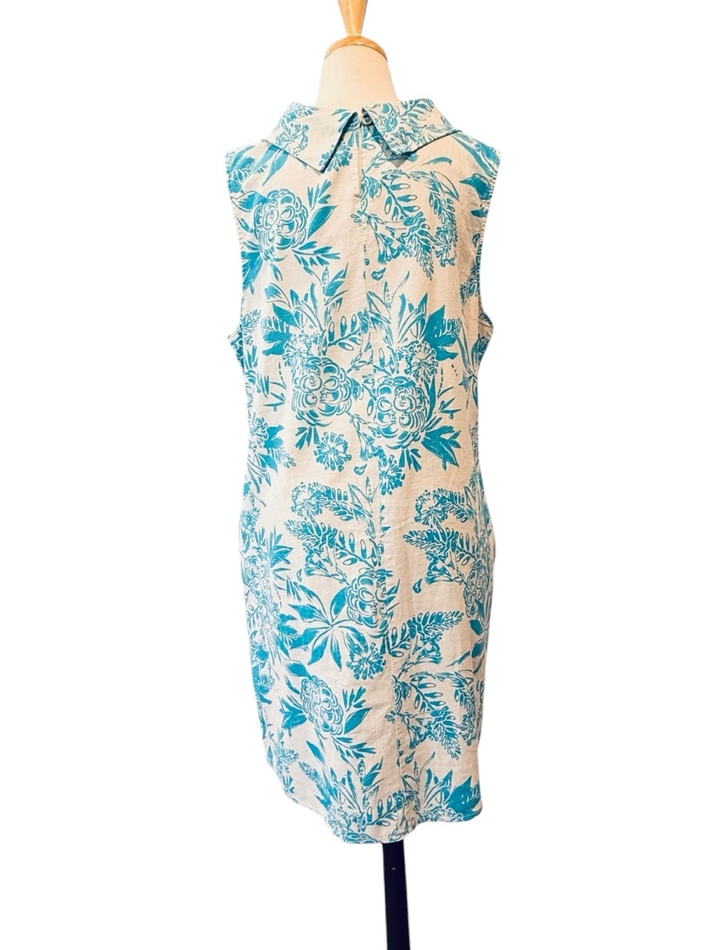 Luisa Perla Blue White Floral Linen Blend Shift Dress Sleeveless Cowl Neck Large - Picture 3 of 11